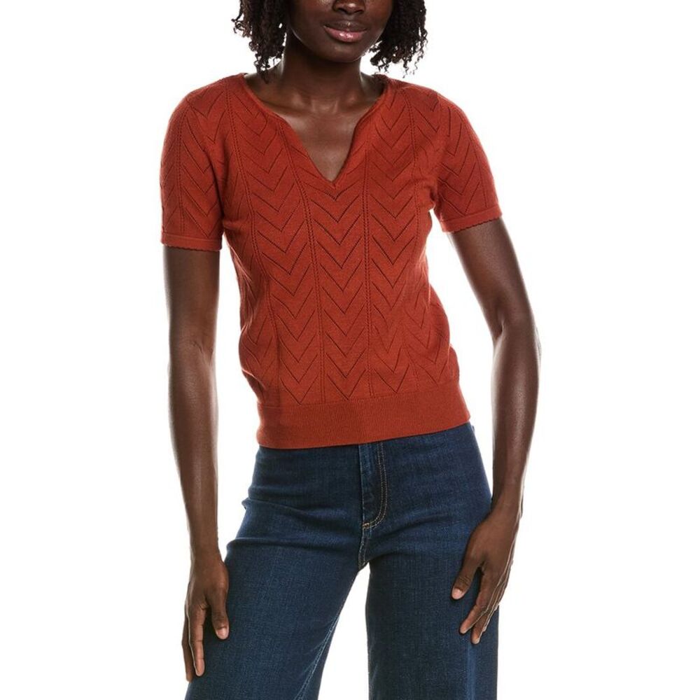 T Tahari Womens Split Neck Collar Pointelle Sweater, Red